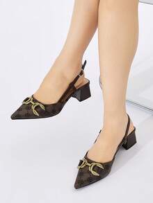 Women's Metal Horse Bit Decor Back Slingback Pointed Toe Square Heel Mid-Heel Retro Coffee Brown Printed Fabric Low Vamp Pumps Suitable For Office, Dating, Daily Wear, Spring, Summer, Autumn, Winter - Coffee Brown - View 3