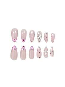 24 Peças Unhas Postiças Formato Amêndoa Outono/Inverno, Adesivos de Unhas com Bolinhas, Unhas de Gel 3D com Decoração de Strass, Conjunto de Unhas Acrílicas Falsas Inclui 1 Peça de Cola Gel e 1 Peça de Lixa de Unha - Rosa Bebê - Visão 4