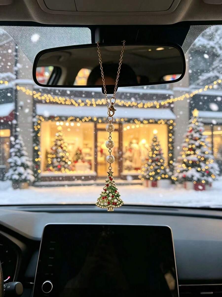 Rhinestone Christmas Tree Pearl Car Rearview Mirror Hanging Ornament, Holiday Atmosphere Car Interior Decoration Pendant, Christmas Tree Pearl Car Hanging Decor, Creative Car Gift For Car Owners - Christmas Tree - View 1