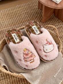 Hello Kitty Cartoon Kitten Design Women's Plush Slippers, Christmas Theme Slip-On Comfortable Flat Bedroom Slippers - Pink - View 8