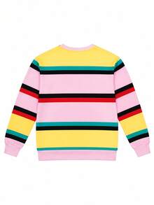 Women's Dopamine Rainbow Striped Knit Crew Neck Sweatshirt, Casual Loose Drop Shoulder Long Sleeve Top - Pink - View 5