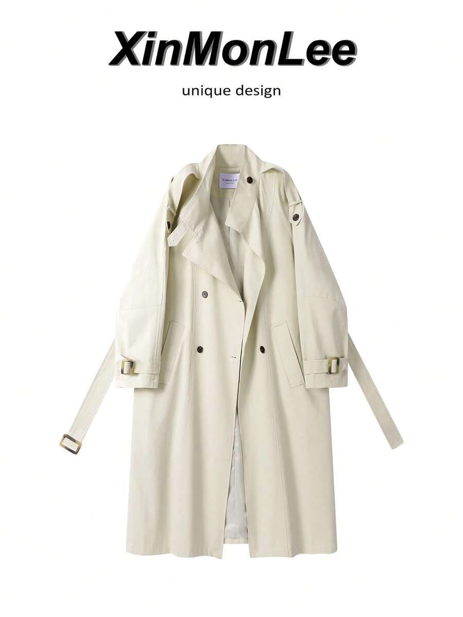 Early Autumn New Double-Breasted Premium Trench Coat Jacket Solid Color Pocket Top For Evening Date, College, Daily Wear, Spring And Autumn - Apricot - View 1