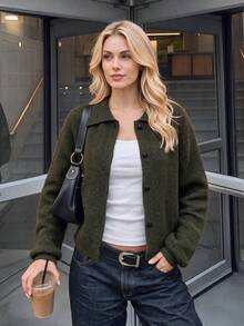 Nicenter Women's Elegant Dark Green Knit Cardigan With Lapel Collar, Single-Breasted Long Sleeve Loose Sweater Jacket, Suitable For Daily Commute And Autumn Outfits - Dark Grey - View 3