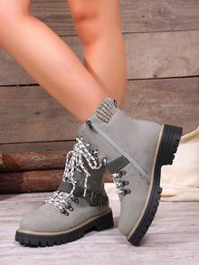 Brand Women's Ankle Combat Boots, Easy Wear, Buckle Accent Strap, Daily Wear - Grey - View 4