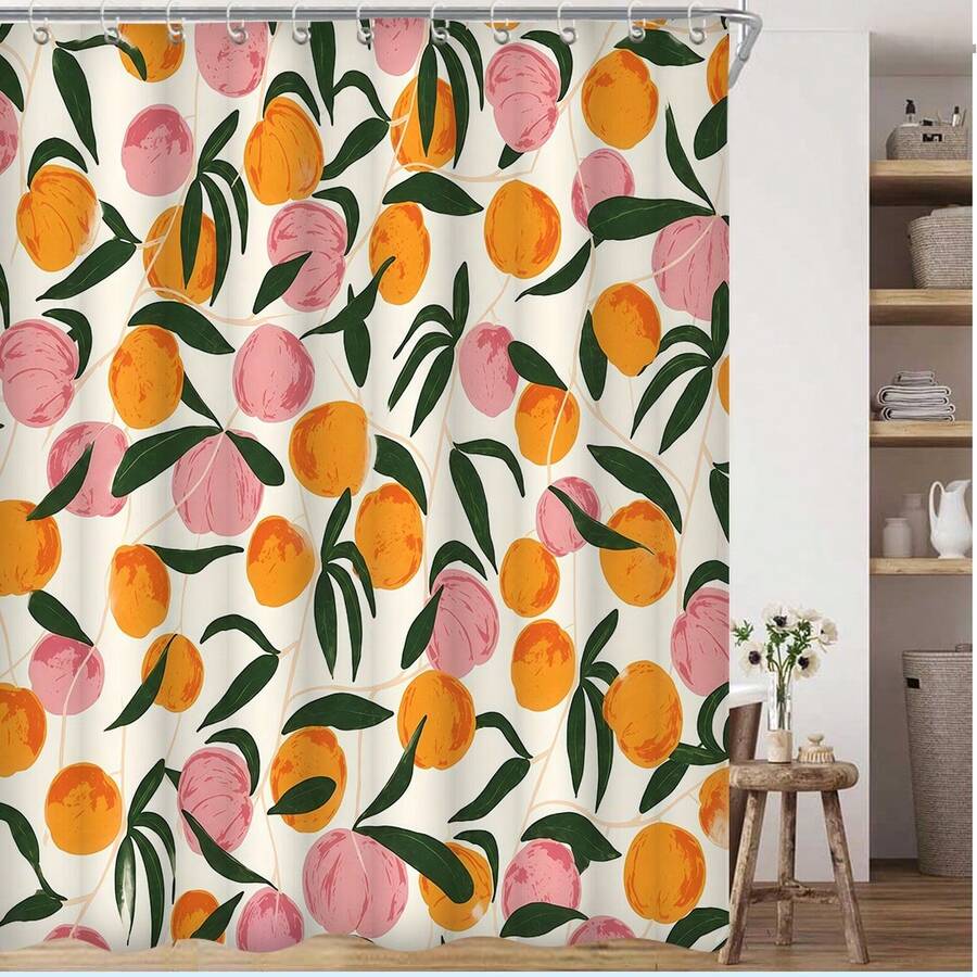 1pc Cartoon Peach Pattern Shower Curtain, Waterproof Polyester Fabric Shower Curtain, With 12 Hooks, 72"W X 72"H, Bathroom Decor, Bathroom Accessories - Orange - View 1