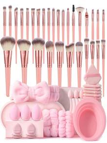 23/30/31/52/53Pcs Complete Cosmetic Tool Set,30Pcs Premium Soft Makeup Brushes For Eyeshadow,Foundation,Varied Size Makeup Sponges,Mixed Powder Puffs,Brush Washing Bowl,Fluffy Hair Bands,Portable Cosmetic Bag,Multi‑Functional Face MakeupCollection - Pink - View 12