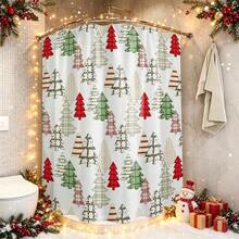 1pc Christmas Tree Letter Shower Curtain, Vintage Design, Waterproof Bath Curtain, Suitable For Bathtub Partition, Bathroom Decor And Bathroom Accessories, Home Decor Gift, Comes With 12 Hooks - Multicolor - View 1