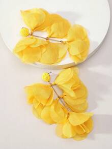 Bold Bohemian Style Yellow Chiffon Handmade Multi-Layer Petal Tassel Earrings, Suitable For Tropical Beach, Pool Party, Resort Wear - Yellow - View 5