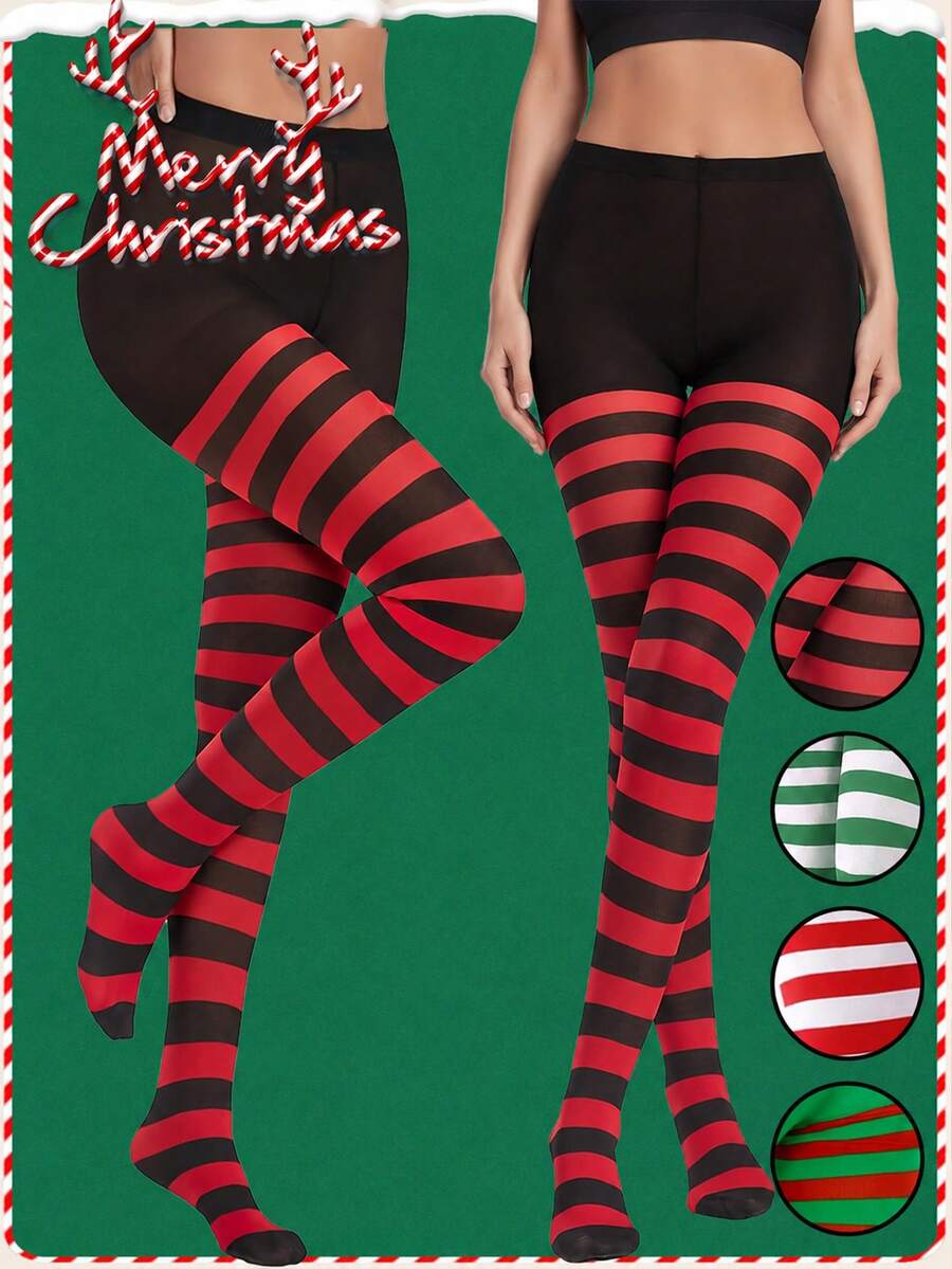 1pc Autumn/Winter Christmas & Halloween Striped Colorful Party Makeup Dance Decor Prop Fashion Tight Leggings Cosplay Tights - Multicolor - View 1
