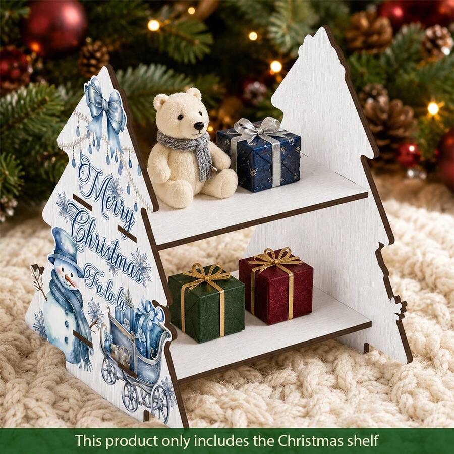 Christmas Tree Shaped Wooden Storage Rack, 2-Tier Display Shelf, Snowman And Sleigh Pattern, Decorative Storage Rack, Suitable For Decorations, Small Gifts And Desktop Christmas Decor, Storage Rack, Vertical Rack, Vertical - Multicolor - View 1