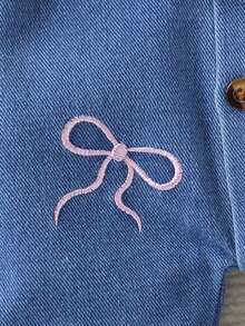 Baby Girl Denim Romper With Turn Collar, Ruffle Hem, Pink Bow Embroidery, Cuffed Long Sleeves, Autumn Fashion Infant Outdoor Crawler - Medium Wash - View 7