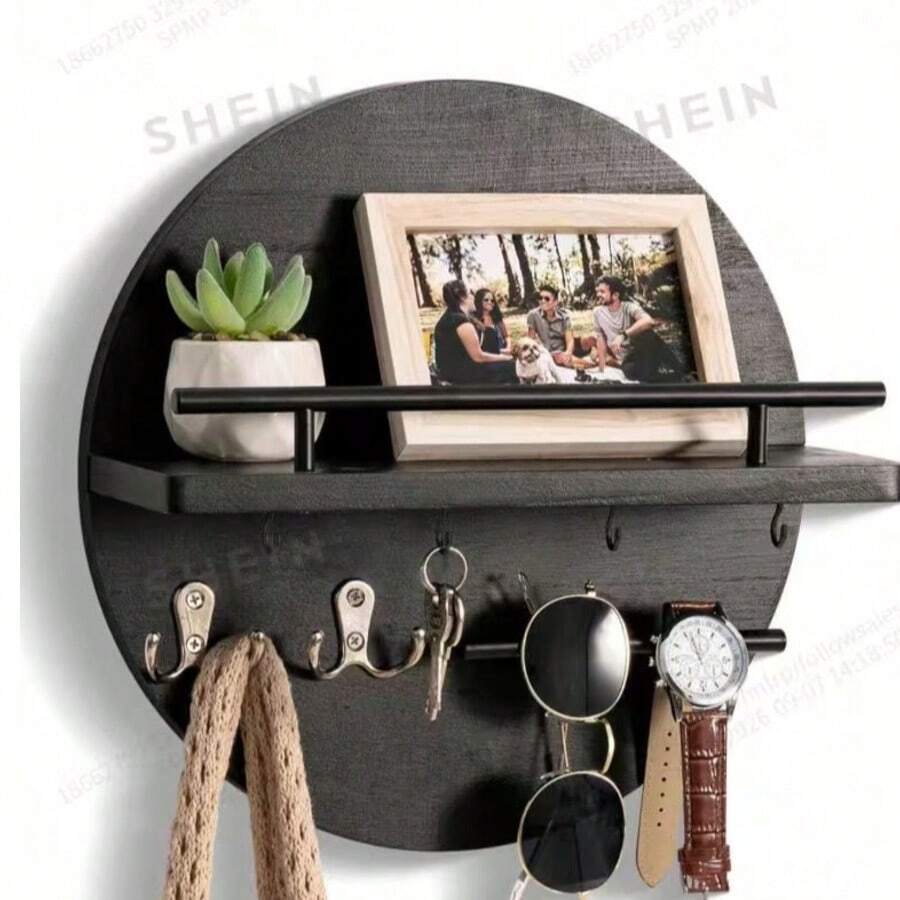 Wall Decor Key Holder With Shelf And Hooks, Mail Organizer Wall Mounted, Round Design Entryway Key Rack, Rustic Home Decor - 1 Pack - View 1