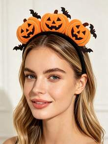 1pc Halloween Pumpkin Expression Headband, Funny & Cute Gold Wire Pumpkin & Bat Design Holiday Costume Headpiece - Multicolor - View 4