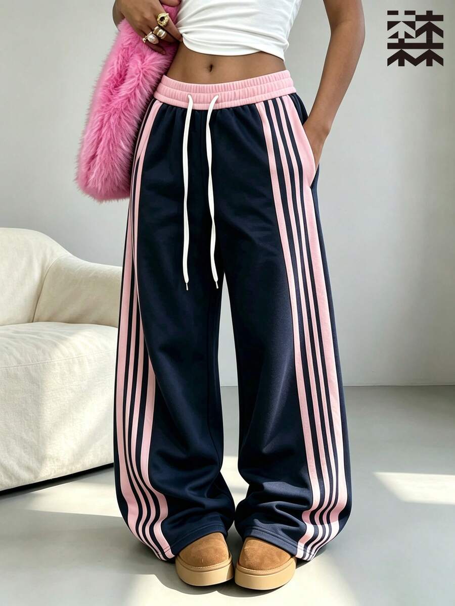 mulinsen Women's Sports Pants, Pink Side Contrast Stripes, Elastic Drawstring Waist, Suitable For Running, Gym, Streetwear - Navy Blue - View 1