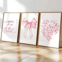 3 Piecesmodern Wall Art Poster Set, Room Decor, Home Decor Set, Abstract Canvas Art Painting, Suitable For Bedroom And Living Room - Butterfly Pattern, "You Are So Loved", Heart Pattern, Pink Bow, Minimalist Style, White Background, - A - View 2