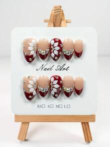 YINZIJIA 10 Pieces, Handmade Hand-Painted French Floral Gradient Diamonds, Subtle Differences=Unique Handmade Short Almond Shaped Pure Handmade Nail Board Set, Suitable For Girls And Women To Wear On Daily Holidays, 1 Nail File And 1 Piece Of Jelly Glue - Red - View 12