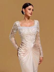 Elegant Women's Square Neck Long Sleeve Cocktail Dress With Pearl Drape Details, Romantic Party Dress - Champagne - View 3