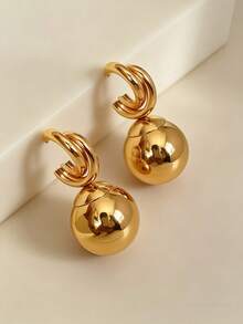 1 Pair Women's Vintage European & American Style Metal Intertwined Infinity Twist Dual Gradient Size Glossy Solid Gold Ball Vertical Drop Earrings, Metal Double Layer Large Shiny Black Bead Heavy Ear Dangle, Suitable For Vacation, Banquet, Party Wear Stud Earrings - Yellow Gold - View 4