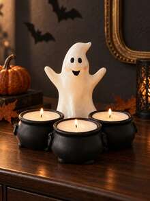 1pc Cute Ghost & Witch Cauldron Shaped Tea Light Candle Holder, Halloween Horror Style Desktop Candle Stand Decoration, Suitable For Home Desktop Party Decor - 1PC - View 1