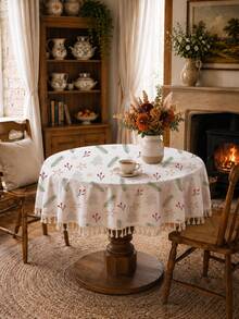 MEMNUN 1PC Christmas Minimalist Branch Berry Christmas Tree Star Print Pattern Tablecloth, Tassel Edge Design, Minimalist Small Tree Dining Tablecloth, Square Round Tablecloth, 140*220cm/140*180cm/140*140cm/90*140cm, Made Of Printed Polyester Blend Material, Christmas Decor Table Decor, Home Decor, Kitchen Decor, Table Cloth Rectangle, Table Cloth Square, Home Decor Suitable For Picnic, Camping, Party, Restaurant Buffet, Home Decoration, Dining Table Surface Decoration, Home DIY, Etc., Christmas Gift - Multicolor - View 2