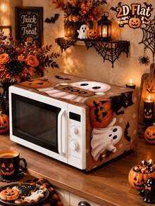 1pc Halloween Decoration, Halloween Cat Ghost Pumpkin Microwave Dust Cover, Create Spooky Halloween Theme, Trick Or Treat, Halloween Party Supplies, Suitable For Kitchen Decor, 2026 Halloween Decoration, Christmas, New Year Decoration, Party Gift, Home Decor, - Halloween Cat Ghost Pumpkin - View 5