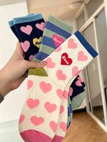 5 Pairs Candy Color Striped Heart Jacquard Mid-Calf Socks, Fun Love Letter Pattern, Elastic Girl Style Versatile Women's Socks For Autumn/Winter - Multicolor - View 3