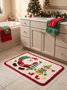 1pc/3pcs Christmas Series Santa Claus Pattern Bathroom Rug Set, Velvet Material, Kitchen Bathroom Bedroom Washable Floor Carpet Decor, Christmas Decoration, Set Includes Bath Mat, U-Shaped Contour Mat And Vanity Mat - A - View 4