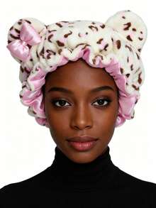 Gorro de dormir para mujer con estampado de leopardo y orejas de oso, forro de satén, diadema de felpa suave, adecuado para el cuidado nocturno de cabello rizado y natural - Multicolor 1 unidad - Ver 9
