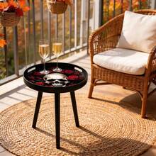 Halloween Gothic Round Side Table, Skull & Red Rose Print Tray‑Top End Table, Fall Spooky Home Decor, Portable Accent Coffee Table With Handle For Party Living Room Bedroom,Removable - Black - View 3