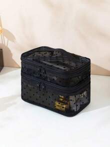 1pc Mesh Makeup Bag Double Layer Heart Pattern Large Capacity Storage Bag Fashionable Toiletry Cosmetic Bag - Black - View 2