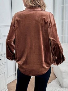 Women Brown Button Up Blouse, Fall Clothes For Women, Fall Halloween Casual Wear - Coffee Brown - View 6