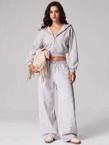 KyrLssu Women's Loose Fit Casual Versatile Solid ColorDrawstring Waist Wide Leg Sweatpants, For Back To School - White - View 2