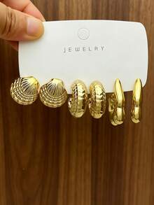 Women's Mixed Gold Shell & Flower Hoop Earrings 9 Pairs Set, Seashell Texture Thick Style Personalized Daily Accessories - Gold - View 7