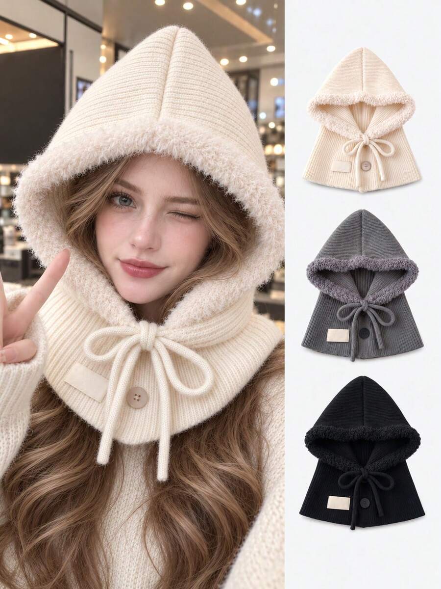 1pc Women's Warm Knitted Hood Scarf, Soft Plush Trim Balaclava Neck Warmer, Adjustable Drawstring Ear Protection For Skiing, Travel & Cold Weather - Multicolor - View 1