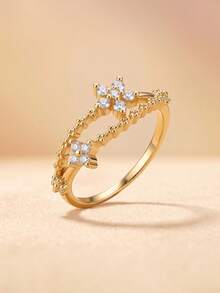 Gift Box Elegant Floral Cubic Zirconia Ring Sweet Fashion Jewelry Non-Fading Hypoallergenic Suitable For Women's Daily Wear Or Holiday Gift - Gold - View 16