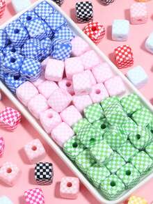15pcs Random Color Mosaic Checkerboard Square Beads With Holes DIY Bracelet Phone Chain Hair Tie Pendant Decoration Material Accessories - Multicolor - View 4