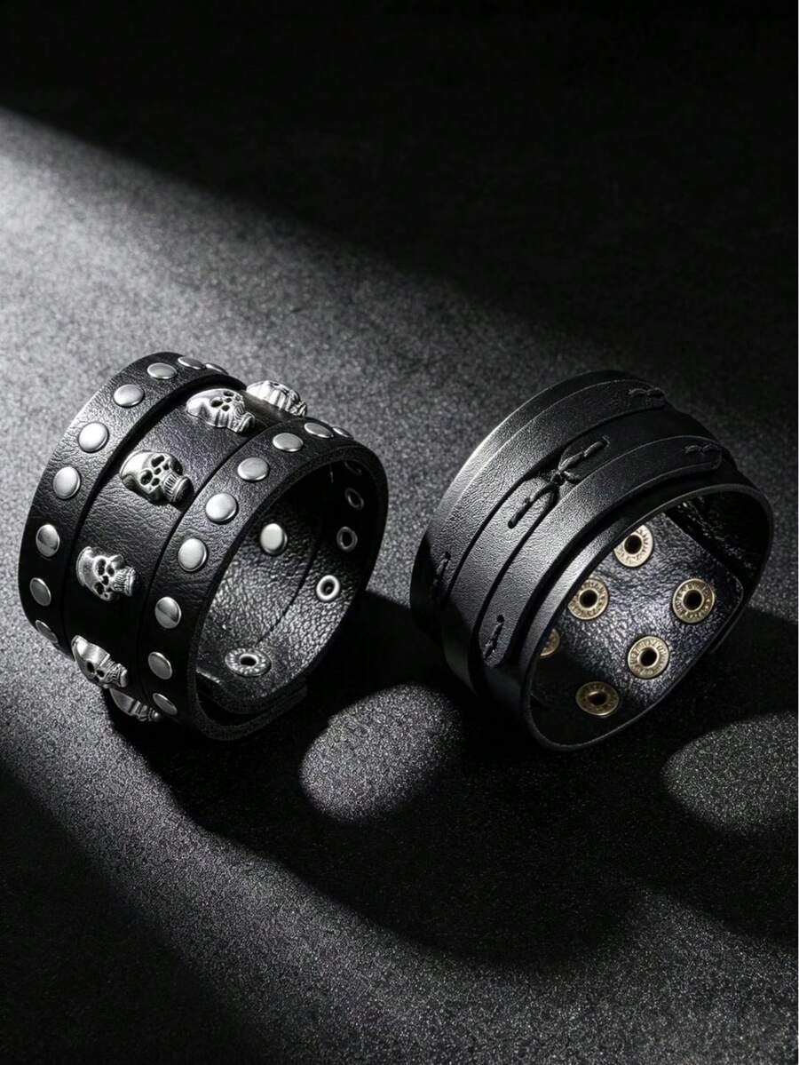 2pcs Punk Style Sports Casual Bracelets, Suitable For Party, Sports, Fashion Wear, Unisex, Exquisite Bracelet Gift For Men And Women - Black - View 1