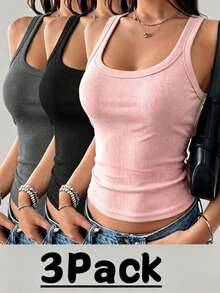 3pcs Women's Ribbed U-Neck Tank Tops, Slim Fit Cropped Sleeveless Basic Camisole, Casual Y2K Street Style - Multicolor - View 1