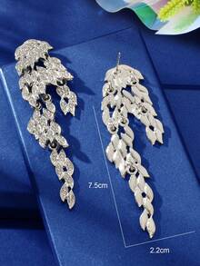 1pair Casual Glam Sparkling Leaf Drop Earrings For Women Cascading Design Weddings Formal Looks Trending Luxury Bridal Jewelry - Silver - View 4