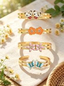 Set Of 4pcs Cute Animal & Flower Bracelets, Best Friend Hand-In-Hand Panda, Butterfly Bracelet, Sunflower Design, Daily Wear, Gift For Sisters & Besties - Gold - View 4