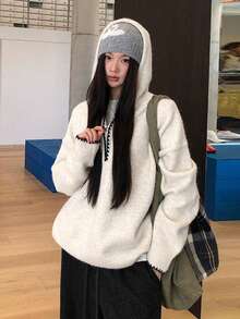 Women's Winter Half-Zip Hooded Knit Pullover Sweater Top - Apricot - View 10