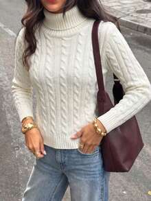 Elva Women's Autumn High Neck Vertical Striped Cable Knit Slim Fit Long Sleeve Sweater, Suitable For Commuting, Dating, Back To School, National Day, Shopping - White - View 3