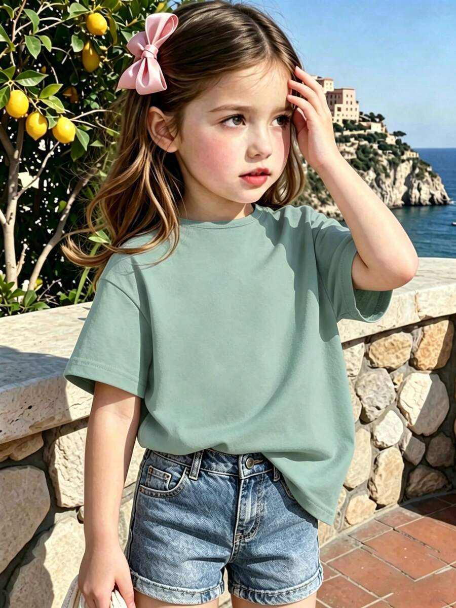 Young Girl Solid Color Versatile Casual Short Sleeve T-Shirt - Mint Green - View 1