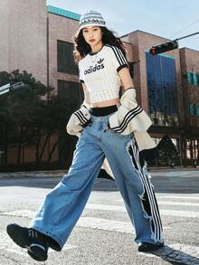 Adidas Originals Women's Street Style Button Striped Frayed Hem Denim Jeans - Baby Blue - View 2