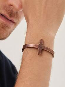 1pc Personalized Cross Purple Copper Electroplated Healing Bracelet, Minimalist Classic Versatile Men's Accessory - Rose Gold - View 6