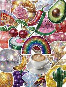50Pcs Y2K Sparkly Disco Mirror Ball Stickers, Shiny Glitter Fruit Snack Cute Pet Party Decals For Bullet Journal, Gift Wrap & Scrapbook Embellishment - Multicolor - View 1