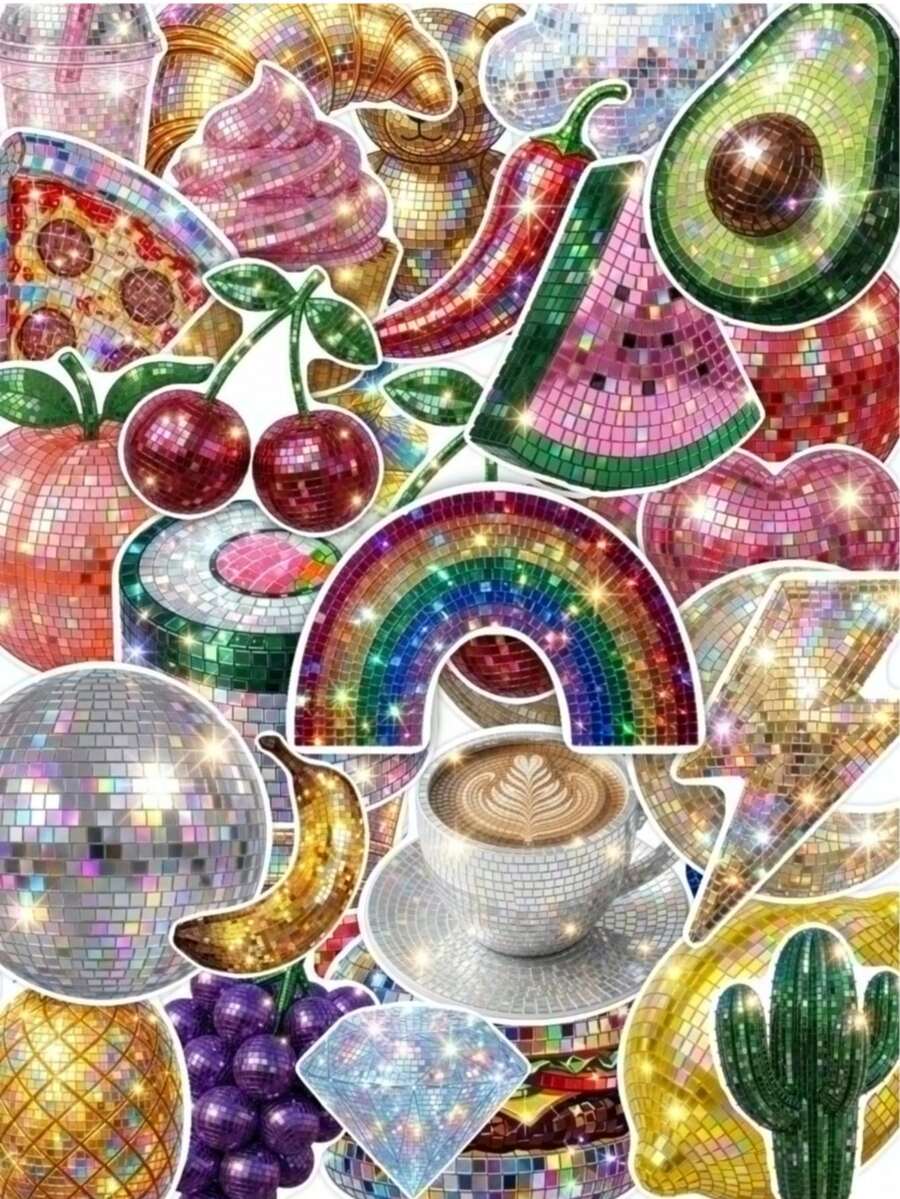 50Pcs Y2K Sparkly Disco Mirror Ball Stickers, Shiny Glitter Fruit Snack Cute Pet Party Decals For Bullet Journal, Gift Wrap & Scrapbook Embellishment - Multicolor - View 1