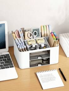 1pc Desktop Organizer Rack, Desktop Storage And Display Box With 2 Drawers, Multi-Functional Desktop Ornament Pen Holder, Desktop Organizer Rack With 5 Compartments And Storage, Office Desktop Organizer - Multicolor - View 5