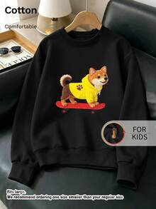 Kids Crew Neck Sweatshirt, Felt‑Style Shiba Inu Skateboard Graphic Print Cotton Pullover For Kids - Black - View 9