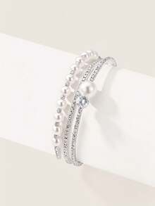 Valisandre 1pc Fashionable Luxurious Rhinestone & Faux Pearl Hinged Bangle Bracelet, Suitable For Wedding And Daily Wear - Silver - View 1